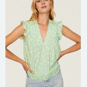 DEREK LAM COLLECTIVE - yellow and green floral flutter top - IT 50 = US 16 / XL